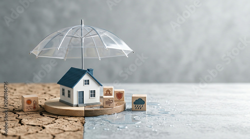 Home insurance concept with house model under protective umbrella