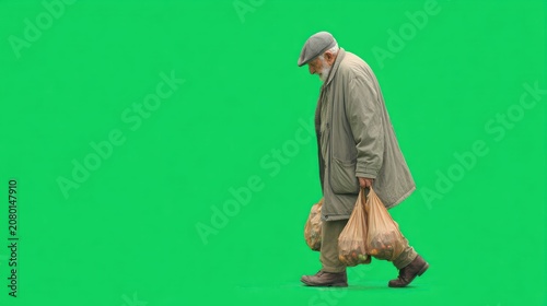 Elderly man walking with shopping bags on green screen