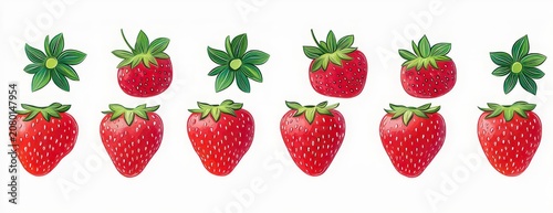 Row of bright illustrated strawberries and separate green leaf tops on white background, playful cheerful pattern