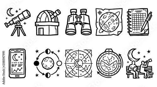 Фотография Observatory and Astronomy Equipment Outline Icon Vector Set