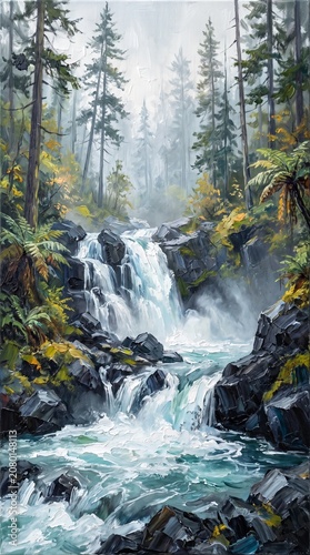 Vibrant impasto oil painting of a cascading waterfall in a misty pine forest with rocky stream
