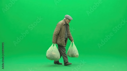 Elderly man walking, carrying two bags