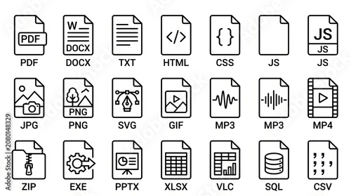 Collection of vector icons representing various file formats and web technologies.