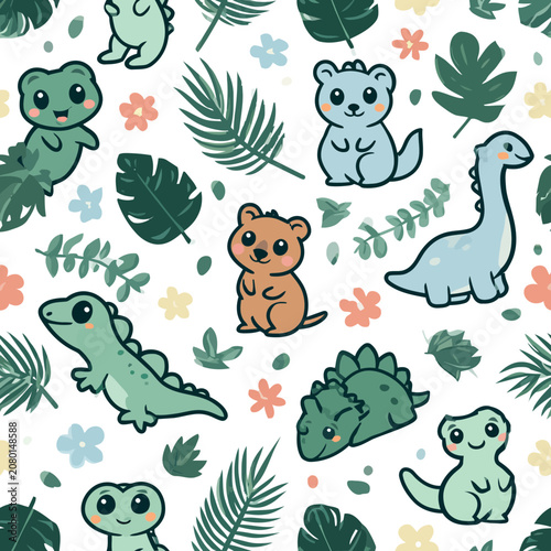 Cute Dinosaurs and Animals Seamless Pattern