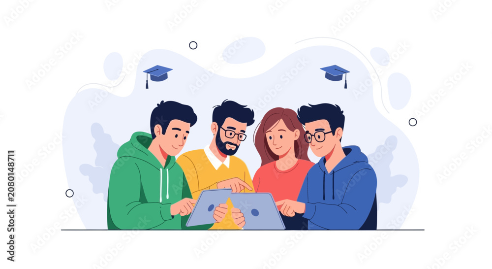 Fototapeta premium Diverse group of students collaborate on laptops, symbolizing education, teamwork, and modern learning in a flat design style.
