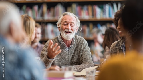 Senior man speaks in a group