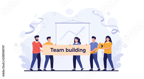 Diverse team holding a banner 'Team Building' and a large key, with a growth chart in the background.