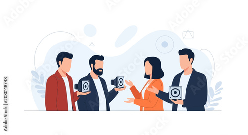 Diverse team discussing technology, holding audio speaker components, flat vector illustration
