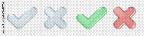 Check mark and cross in a transparent liquid glass style isolated on a light background. 