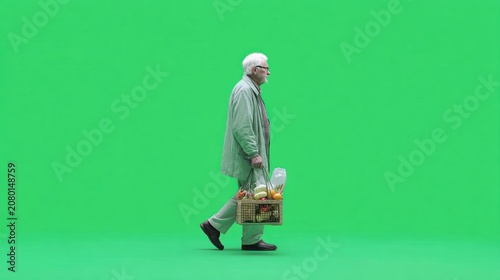 Elderly man carrying a wooden crate of groceries walks on a green screen