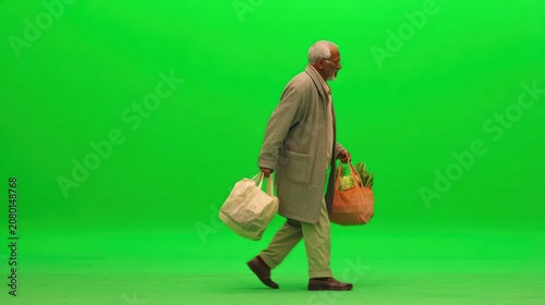 Senior man walks with grocery bags against green screen