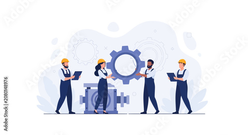 Diverse team of engineers working together on a large gear mechanism, symbolizing teamwork and industrial collaboration in a modern flat design style.