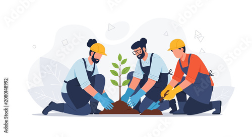 Diverse team of gardeners planting a tree, symbolizing growth, teamwork, and environmental care.