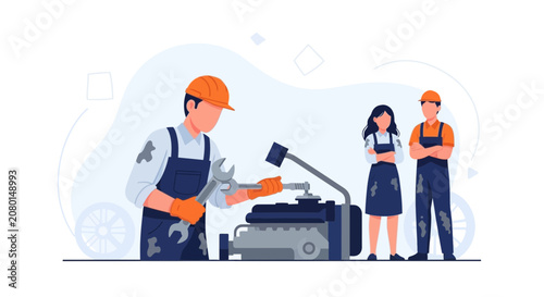 Diverse Team of Mechanics Working on Car Engine in Modern Garage Illustration