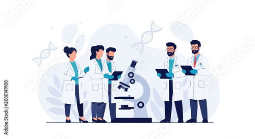 Diverse team of scientists in lab coats working with microscope and DNA structures, illustration