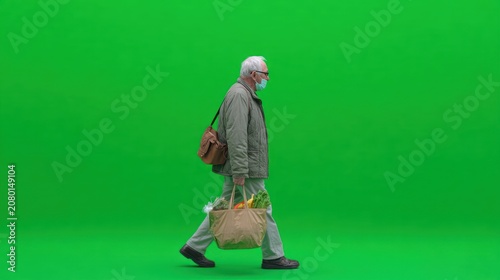 Elderly man walking with grocery bag on green screen