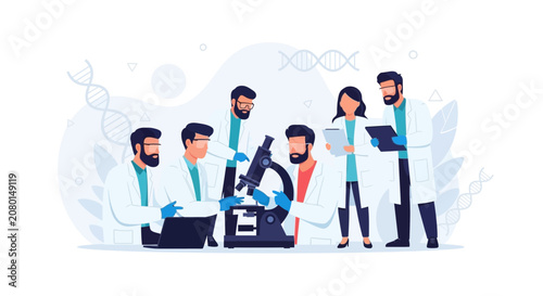 Diverse team of scientists working together in a modern laboratory, conducting research with microscopes and laptops, DNA helix elements.