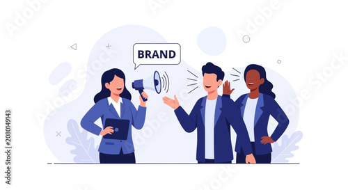 Diverse team promoting brand awareness with megaphone and communication, vector illustration