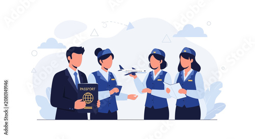 Diverse Travel Team: Businessman with Passport and Flight Attendants with Airplane Model, Representing Global Air Travel and Hospitality