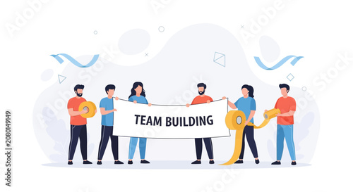 Diverse Team Unveils 'Team Building' Banner with Golden Ribbon Cutting, Symbolizing Collaboration and Unity