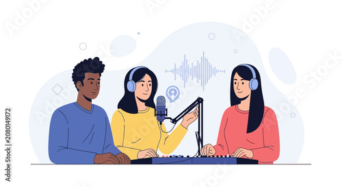 Diverse Trio Recording Podcast Episode with Professional Equipment and Sound Waves