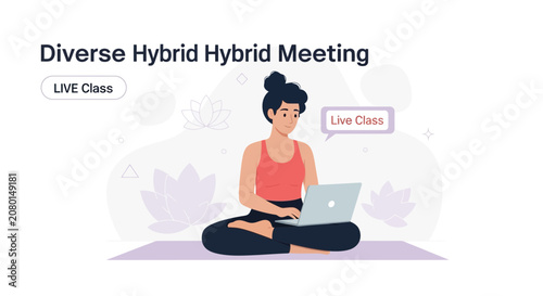 Diverse Woman Attends Live Online Yoga Class on Laptop, Hybrid Meeting Concept