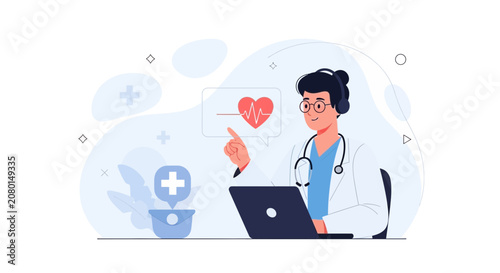 Doctor using laptop for telemedicine consultation, showing heart health monitoring on screen