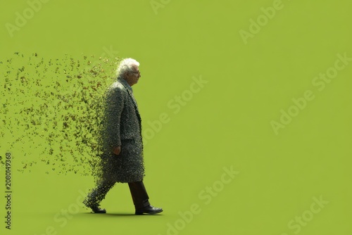 Elderly man walking, disintegrating