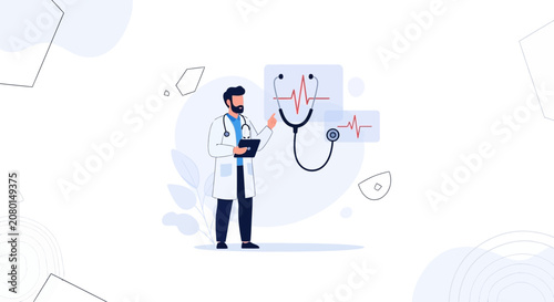 Doctor with Stethoscope and Heartbeat Monitor - Modern Medical Illustration