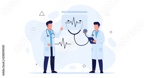 Doctors Analyzing Medical Data and Heartbeat Rhythm with Stethoscope - Modern Healthcare Technology Concept
