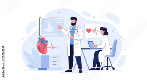 Doctors Discussing Cardiology and Ultrasound Scan with Digital Heart and EKG Display