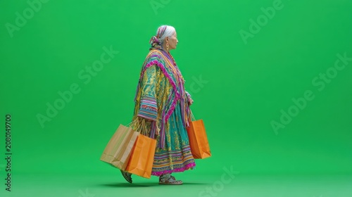 Elderly woman in vibrant clothing walks with shopping bags