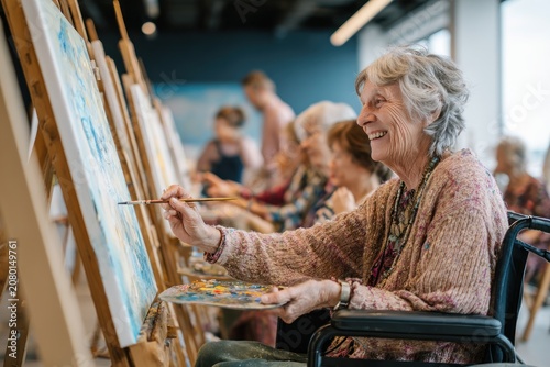 Senior woman in wheelchair painting