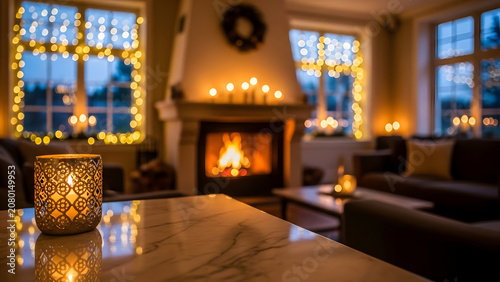 Cozy living room with fireplace and warm Christmas lights