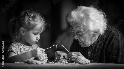 Black and white portrait of a little girl and older woman, focused on hands, crafting
