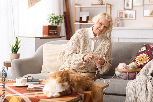 Senior woman with cute cat ...