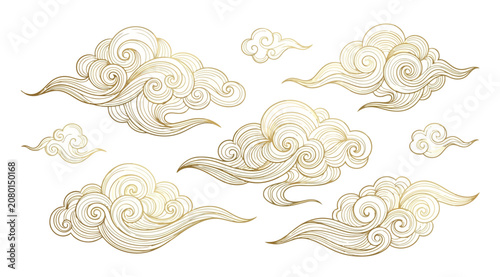 Set of traditional chinese style golden cloud patterns, auspicious cloud vector illustration