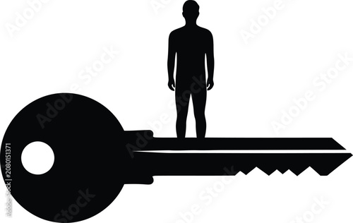 Bild auf Leinwand Black silhouette of a man standing on a large metal key