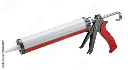 Caulk gun with red handle and silver nozzle