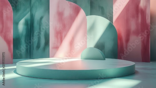 minimalist pastel stage with round podium, semicircular backdrop and arched walls bathed in soft teal and pink light, serene dreamy atmosphere
