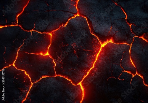 glowing molten lava fissures cutting through cracked black volcanic rock, intense heat and ominous fiery glow