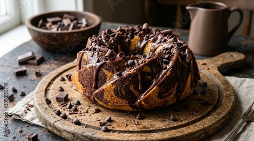 Decadent Chocolate Marble Bundt Cake With Rich Dark Chocolate Glaze And Shavings On Rustic Wood