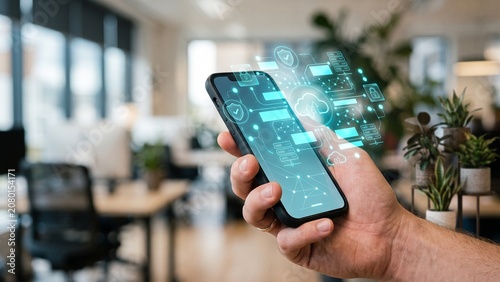 Hand Holding Smartphone with Cloud Computing and Data Security Hologram in Modern Office Environment
