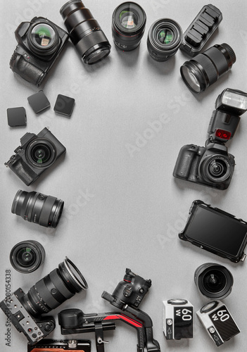 Photography equipment frame with cameras and lenses copy space