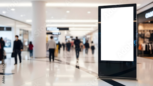 Blank digital billboard display in a busy modern shopping mall