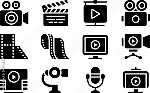 Cinema and video production icons featuring film reels, movie clapperboards, cameras, microphones, monitors