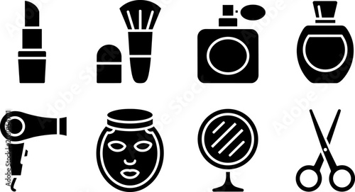 Cosmetic beauty icons representing makeup accessories, skincare tools, salon equipment, perfume bottles, handheld mirrors