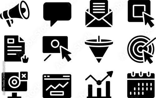 Digital marketing and business management icons, featuring megaphone, email, chart, calendar, target, cursor