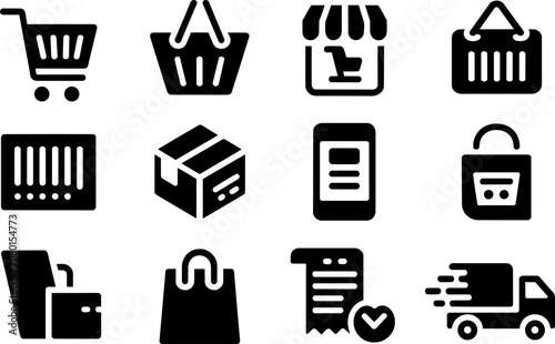 Ecommerce and online shopping icons featuring carts, delivery trucks, cardboard boxes, receipts, and retail store checkout symbols