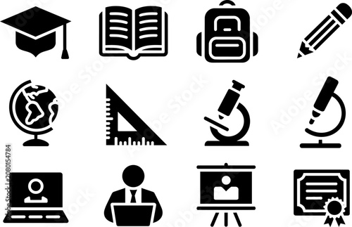 Education and school learning icons featuring graduation cap, open book, student backpack, pencil, globe, microscope